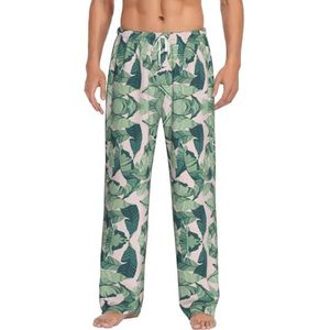 Groene Palmboom Bladeren Roze Mannen Lange Lounge Wear Broek Nachtkleding Pyjama Bodems Nachtkleding Met Zakken En Trekkoord, Wit, S