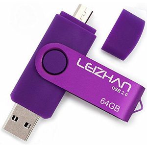 LEIZHAN USB Stick 64GB Micro 2-in-1 OTG Flash Drive Pen Drive voor Micro telefoon pc (64GB, Purper)