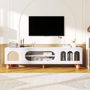 FAYICIC Tv-meubel, tv-meubel met rotan-achtige deur, glazen schuifdeur, drie open booggebieden, lowboard met gouden handgrepen en massieve houten poten
