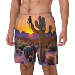 Heren Cactus Desert Sunsets Print Hawaiiaanse zwembroek sneldrogende strandshorts met mesh voering en zakken, Zwart, M