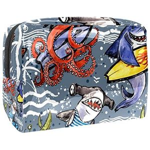 Cool Octopus Haaikrab met Surfboard Print Reizen Cosmetische Tas voor Vrouwen en Meisjes, Waterdichte Make-up Tas Rits Pouch Toiletry Organizer, Meerkleurig, 18.5x7.5x13cm/7.3x3x5.1in, Modieus