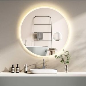 HOKO® 80cm ronde LED badkamerspiegel, met cosmetische spiegel (3X), geheugenfunctie, aanraaksensor, wandschakelaar, 3 lichtkleuren dimmbalk 3000-6000K.