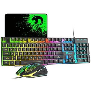 Bedraad gamingtoetsenbord en muisset 12 RGB-verlichtingsmodus 104 toetsen Volledig anti-ghosting verlicht toetsenbord 2400 DPI 6-knops USB optische gamemuis Mousepad Compatibel voor PS4 Xbox PC-Zwart