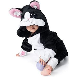 corimori Balou de kat, grappige dierenonesie, grappige eendelige jumpsuit, knuffelwarme babyromper, zwart/wit, lichaamslengte 60-70 cm