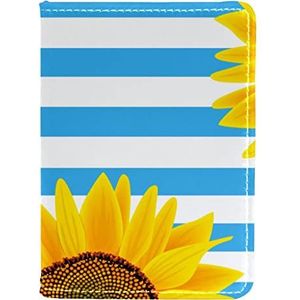 Paspoorthouder voor dames en heren, reispaspoort portemonnee paspoort cover reisdocumenten organisator geel zonnebloem blauw en wit gestreept patroon, Meerkleurig, 10x14cm/4x5.5 in