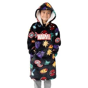 Marvel jongens draagbare deken hoodie | Fleecetrui met capuchon voor kinderen in donkergrijs met all-over print van Super Hero-iconen | Loungewear met sherpavoering en zakken | Marvel Comics