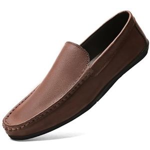 Heren loafers effen kleur ronde neus veganistisch lederen loafer schoenen comfortabel resistent antislip klassieke wandelslip (Color : Dark brown, Size : 44 EU)