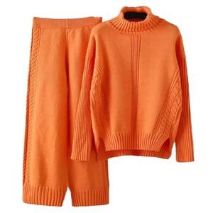 Dvbfufv Vrouwen Coltrui Gebreide Truien Jassen Set Herfst Winter Vrouwen Losse Truien+Elastische Taille Wijde-Been Broek Sets, Oranje, One size