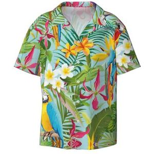 YJxoZH Tropische planten en papegaaien print heren overhemden casual button down korte mouw zomer strand shirt vakantie shirts, Zwart, 3XL