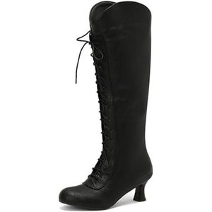 Jaren '70 Retro Veterlaarzen Dames Laarzen Met Lange Schacht Met Hak PU-leer Kniehoge Laarzen Mode Ridderlaarzen Met Rits Dames Herfst Winter Warme Snowboots for Feest(Black,40 EU)