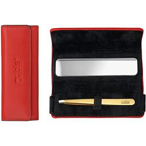 Rubis Goudkleurige pincet, wenkbrauwpincet, schuin, in rood leer, etui met make-upspiegel, klein voor in de handtas, schuine punt voor ontharing