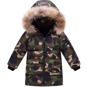 Lengender Jas voor kinderen, jongens, winter, donsjack met capuchon, jas, imitatiebont, parka, gevoerd, pluche, warm, Camouflage, 110