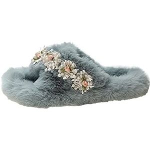 Vrouwen Open Toed Fuzzy Slippers,Leuke Huisschoenen Indoor Outdoor Warm Comfortabel Ademend voor herfst en winter, Blauw, 39 EU