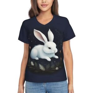 Dames Zomer Tops Korte Mouw Casual Shirts Libelle Mode Tee 2025 Basics V-hals Lichtgewicht Ademend T-shirt, Schattig wit konijn, M