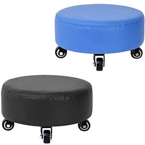 FZDZ Lage kruk set van 2, comfortabele stoel rolkrukken met wielen, thuis slaapkamer korte stoel om op te zitten, schattige ronde kleine krukken, extra dik kussen (kleur: blauw + zwart)