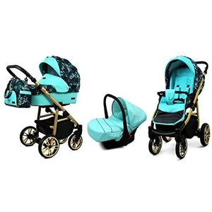 BabyLux Lux 3 in 1 Baby Reis Systeem Kinderwagen Autostoel Sushade Regenhoes Voetenzak Dragende Wielen Pasgeborene tot Baby Green Garden Gold Frame