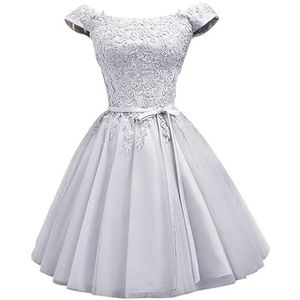 YIANN Off-shoulder satijnen thuiskomst jurken voor tieners met kanten applicatie mouwloze A-lijn baljurk korte galajurk, Zilver, 32