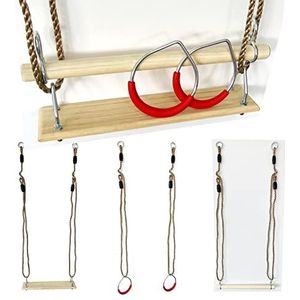 3-in-1 schommelset, turnringen + houten trapeze + schommelplank incl. touwset om op te hangen (turntoestellen)