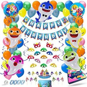 Fissaly® 82 Stuks Shark Verjaardag Versiering – Baby Haai Themafeest Decoratie – Inclusief Feest Ballonnen, Slingers, Toppers, Maskers & Accessoires – Kinderfeest