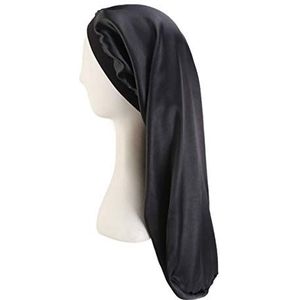 Beaupretty Lange satijnen motorkap slaapmuts brede band dubbele laag zijden haarkap slaaphoofd sjaal voor vrouwen dame salon reizen (zwart)