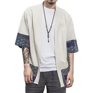 perdontoo Casual kimonoshirt voor heren, licht linnen vest met korte mouwen, open voorkant, Beige, M