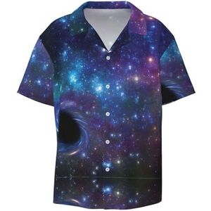 OdDdot Galaxy Print Button Down Shirt voor heren, korte mouwen, casual shirt voor heren, zomer, zakelijk, casual overhemd, Zwart, L