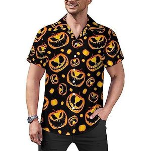 Halloween Pompoen Schedel Heren Casual Button-Down Shirts Korte Mouw Cubaanse Kraag Tees Tops Hawaiiaans T-shirt XL