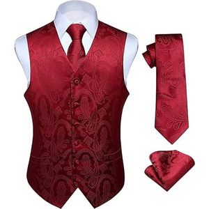 Enlision Vest voor heren, paisley, jacquard, set met stropdas en zakdoek voor in zak, C-bordeaux, 4XL