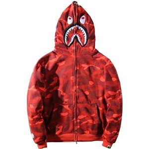 MCMYCO Y2k Bape Shark-hoodie for heren Camouflage Bape-jas met ritssluiting en capuchon Sweatjack Interessant sweatshirt met rits Puur katoen Shark Head Shark-hoodietrui (Color : rood, Size : L)