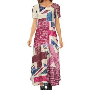 Vintage Londen Britse Vlag Vrouwen Zomer Casual Korte Mouw Maxi Jurk Ronde Hals Gedrukt Lange Jurken 3XL