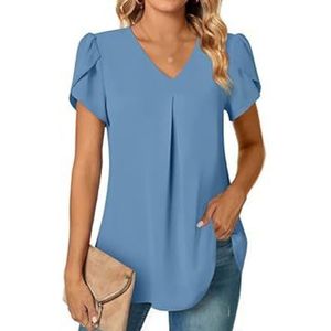HHuiXinXue Dames zomer casual T-shirt crossover korte mouwen V-hals effen kleuren blouse top licht elegant, Blauw, L