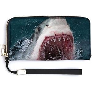 Grote witte haai dames portemonnee lederen lange clutch portemonnee grote capaciteit kaart organisator met polsbandje