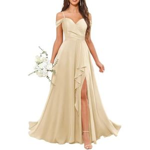 Chiffon bruidsmeisjesjurken voor dames, met split, lange baljurken, cocktailjurken, grote maten, Champagne, 32
