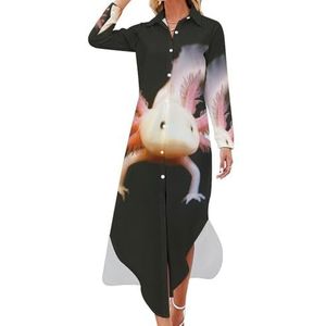 Schattige Newt Axolotl Maxi-jurk voor dames, lange mouwen, knoopsluiting, casual feestjurk, lange jurk, 2XL