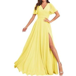 Chiffon bruidsmeisjesjurken voor dames, met split, lange baljurken, cocktailjurken, grote maten, Geel, 32