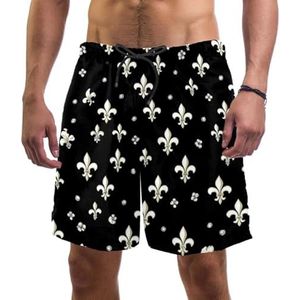 PAFEFO Zwart wit Fleur De Lis boardshorts voor heren, sneldrogend, strandzwemkleding, sportpakken met zakken, Zwart Wit Fleur De Lis, S