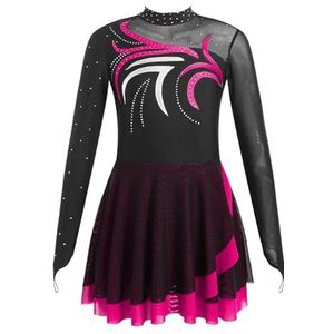 AMENGJ Gymnastiek Turnpakje Glanzende Strass Ballet Jersey Gymnastiek Turnpakje Jurk Sheer Mesh Tutu Danskleding Kunstschaatsen Prestaties Kostuum, Roze, 16