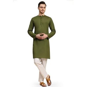 SKAVIJ Heren Kurta Pyjama Lange Mouw Tuniek 2-Delige Set (Olivgrün, L)