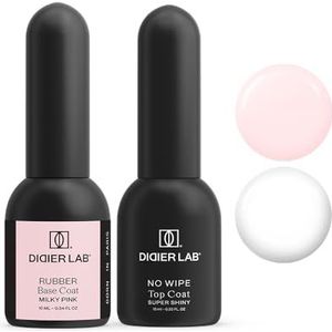 Didier Lab - Base Coat Top Coat UV - Rubber Base Gel Milky Pink - No Wipe Top Coat Gel UV Super Shiny - LED UV Nagellak Set - HEMA en TPO-vrij - Versterkt Zwakke Nagels - Langdurig - Gellak Set