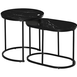 HOMCOM Salontafel, set van 2, ronde salontafel, stapelbaar in marmerlook, verstelbare poten, elegant design, staal, zwart, Ø50 x 50,5 H cm