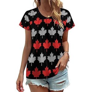 Grijs En Rood Canada Esdoorn Vrouwen V-hals T-shirts Leuke Grafische Korte Mouw Casual Tee Tops 3XL