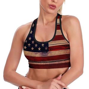 Houttextuur Vlag VS Ademend Sport BH's voor Vrouwen Draadloze Workout Yoga Vest Ondergoed Racerback Crop Tank Top L
