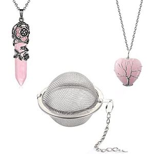 Soulnioi 7 cm ketting thee bal 304 roestvrij stalen ketting thee filter, hart rozenkwarts ketting draad verpakt levensboom, en zilveren bloem verpakt natuurlijke rozenkwarts genezing kristal ketting