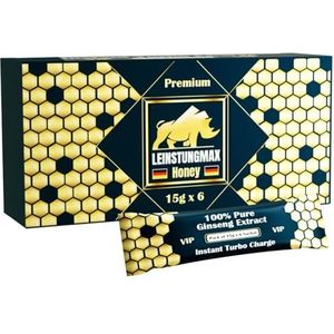 Leinstungmax Honing – 100% puur met Ginseng, Honing, Tribulus-, Fenegriek- & Vitamine C-extract | Extra sterk | Direct gebruik voor momenten van vitaliteit – 6 x 15g