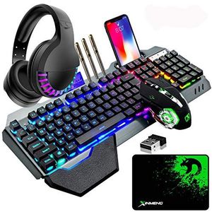 Draadloos gaming toetsenbord & muis & koptelefoon & muismat combinatie, 4 in 1 set,16 RGB verlicht oplaadbaar toetsenbord met handpalmsteun, 7 kleuren verlichte gaming muis & RGB Bluetooth koptelefoon voor laptop, computer, PC