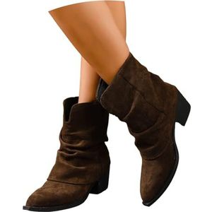 Dames Western Cowboylaarzen for Concerten Retro Enkellaarsjes Met Spitse Neus Casual Ankle Boots Met Blokhak In Grote Maten 2025 Suède Instapschoenen Met Brede Schacht(Brown,43 EU)