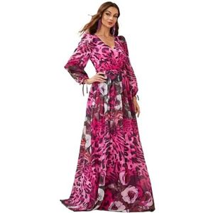 jurken voor dames Maxi-jurk van chiffon met gemengde print en lantaarnmouwen(Color:Hot Pink,Size:M)