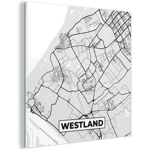 Glasschilderij - 50x50 cm - Stadskaart - Westland - Grijs - Wit