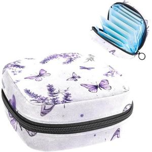 Opbergtas voor maandverband, paarse bloemen met lavendelbloemen en paarse vlinders, draagbare maandverband, inlegkruisjes, tampons, opberghouder voor maandverband voor vrouwen, school, kantoor