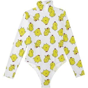 LI ZHI XIN Rompertjes met lange mouwen voor dames, eendelige jumpsuit met hoge hals, coltrui, turnpakje, top voor meisjes, dans, workout, fitness, bodysuit met kip cartoon patroon, Meerkleurig, S